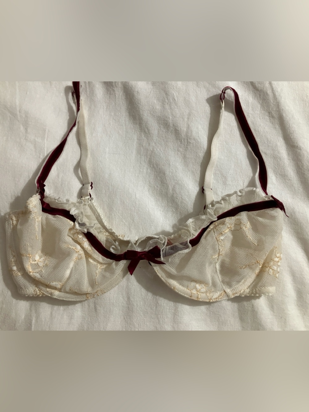 Agent Provocateur Cream Lace Bra with Burgundy Ribbon Trim